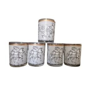 Vintage Cera 2 Camelot Gold Black White Knights‎ and Horses Old Fashion Tumbler